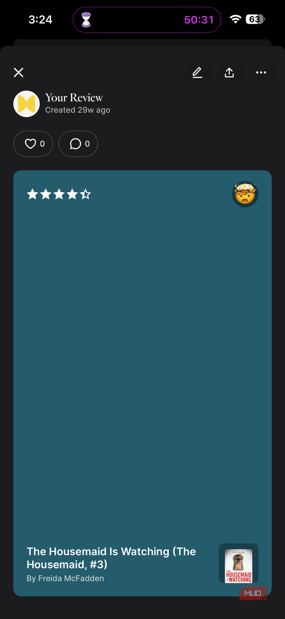 screenshot of a book review showing four and a half stars for the housemaid is watching by freida mcfadden created twenty nine days ago with zero likes and zero comments