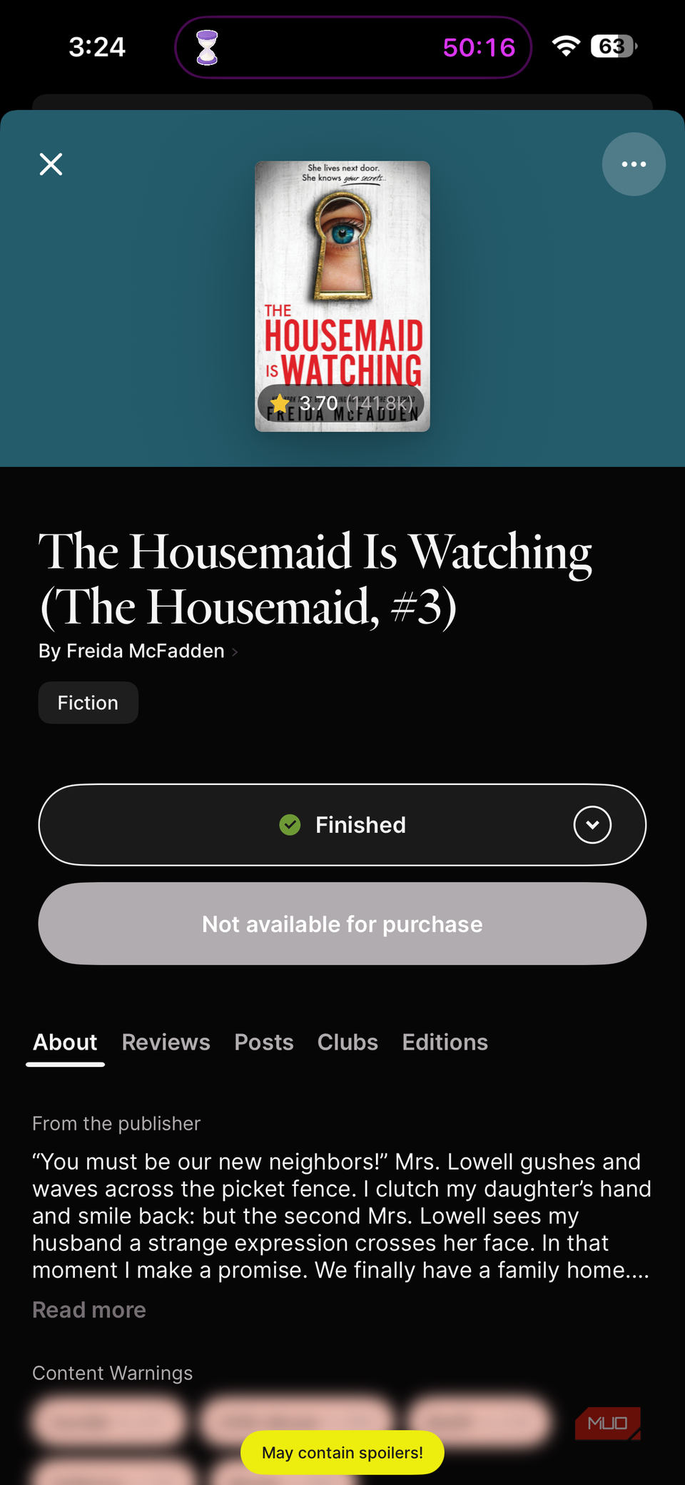 screenshot of goodreads book page for the housemaid is watching by freida mcfadden showing finished status and unavailable for purchase