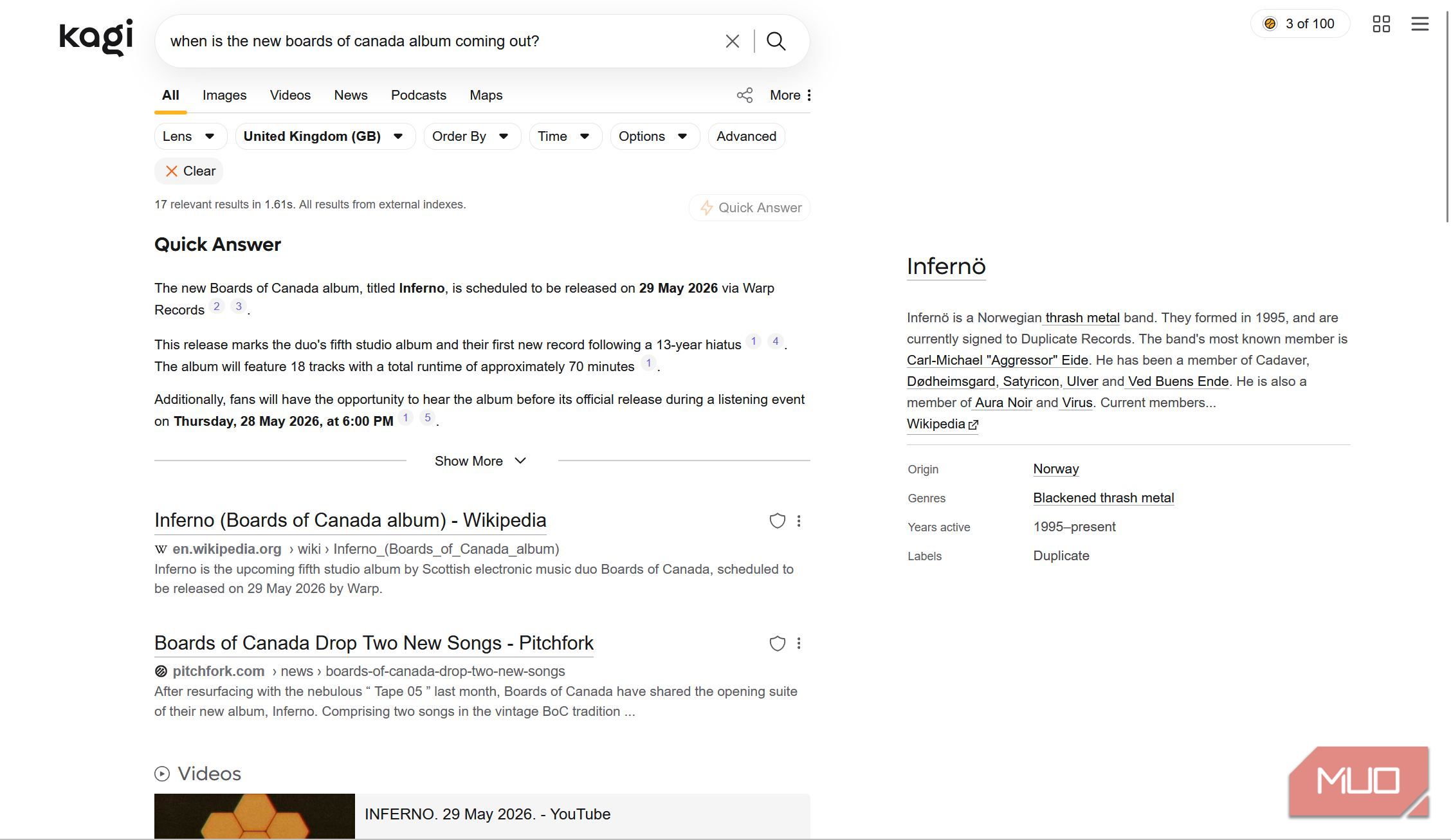 Search results page on Kagi