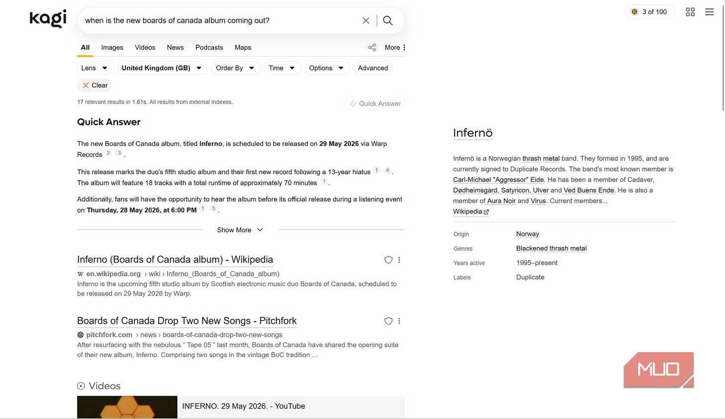 Search results page on Kagi