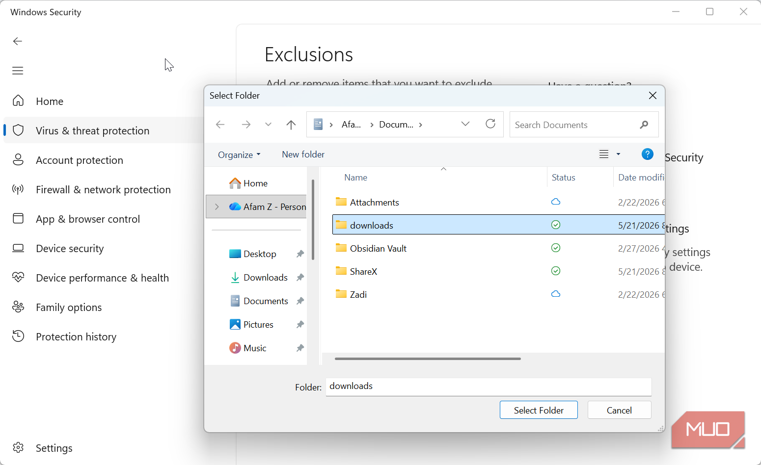 Selecting downloads folder for exclusion