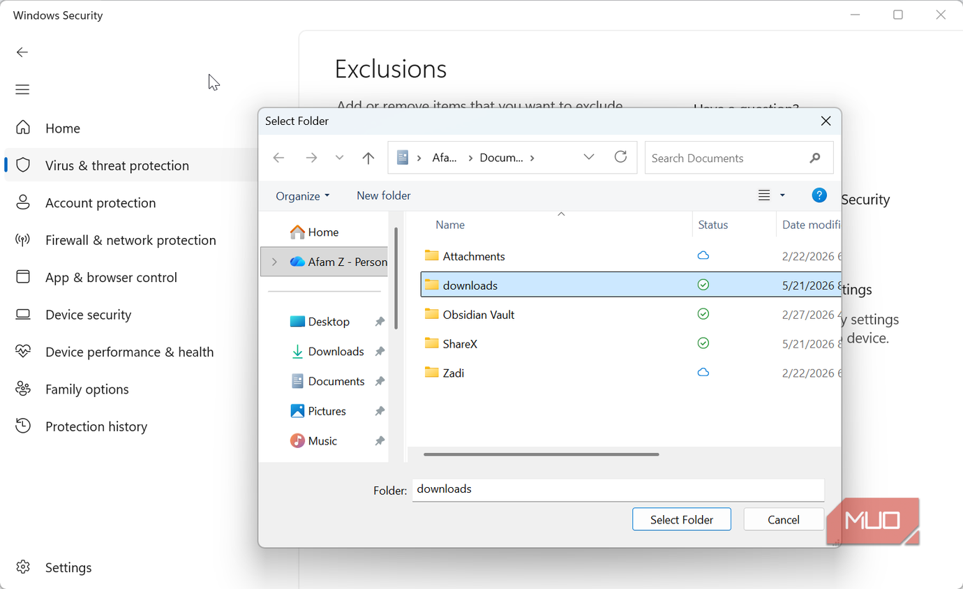 Selecting downloads folder for exclusion