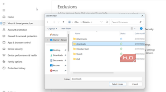 Selecting downloads folder for exclusion