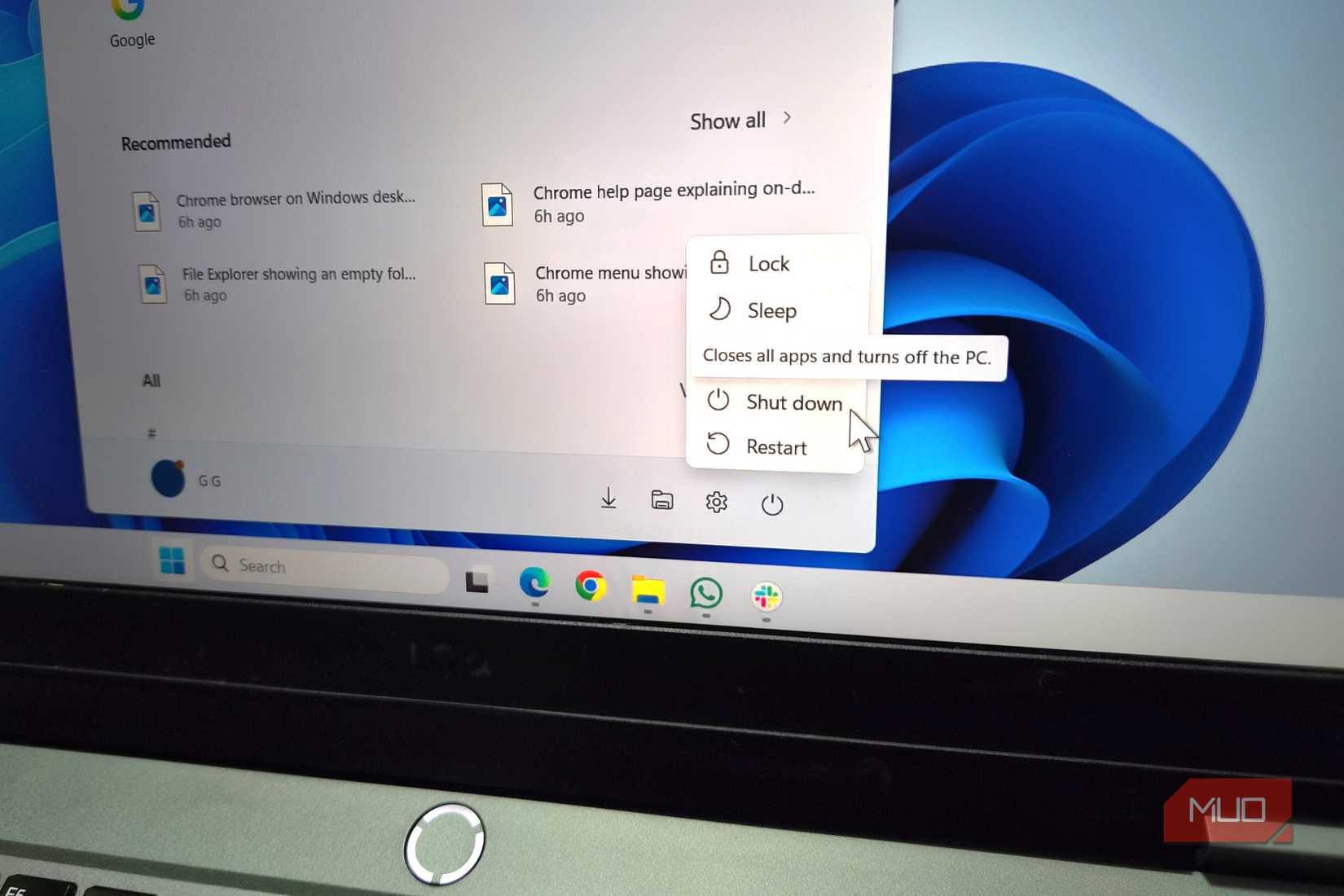 Shutdown option on Windows start menu