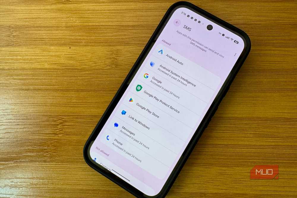SMS permission settings showing which apps can access messages