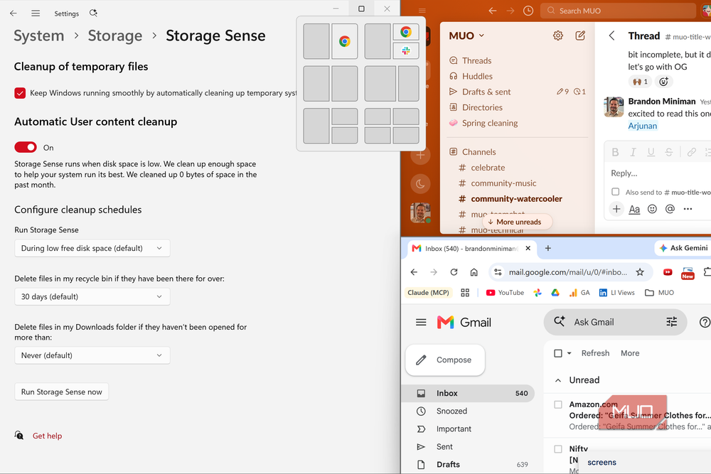 Snap Assist layouts appear when hovering over the maximize button