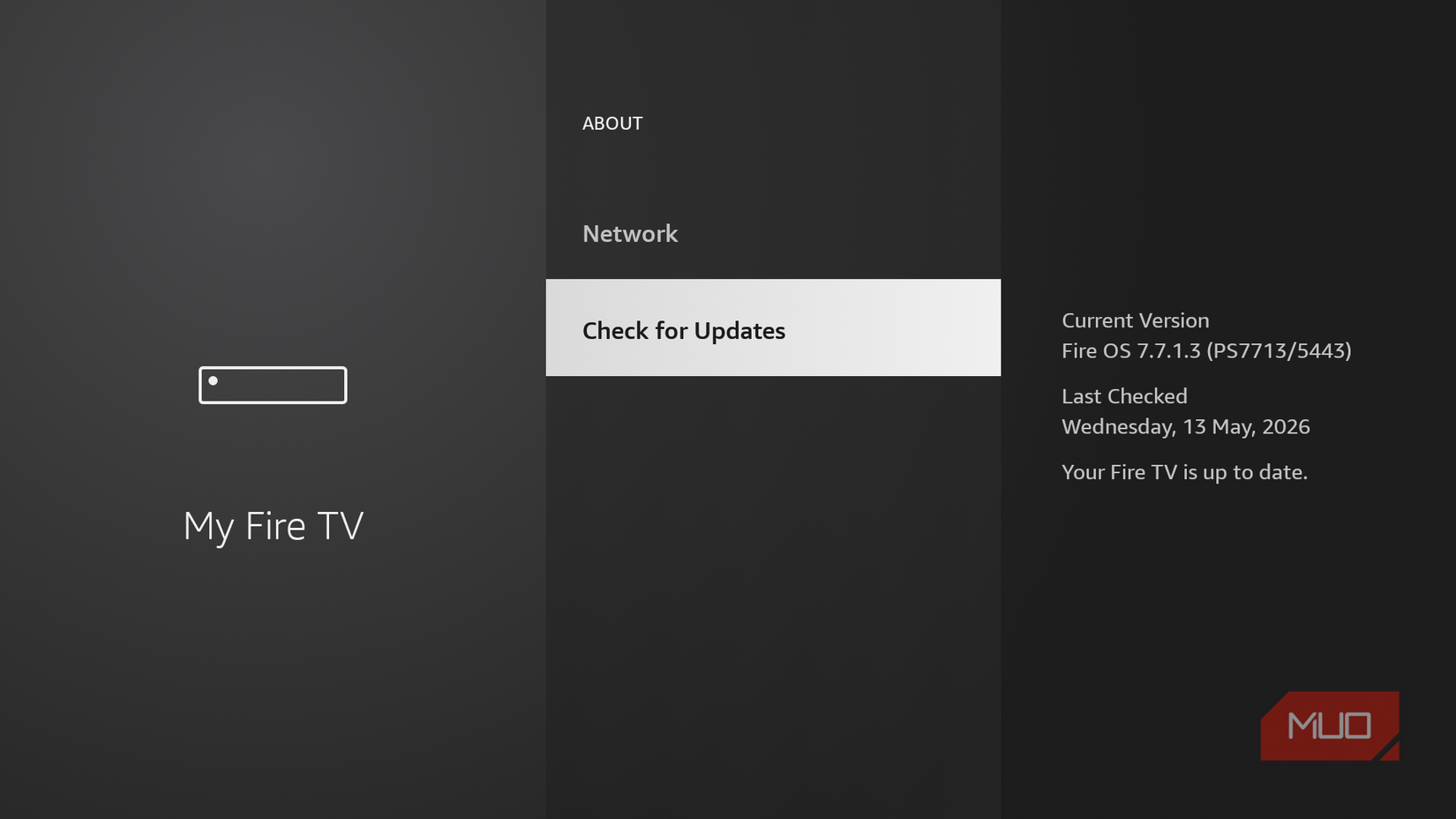 Software update menu on Fire TV Stick
