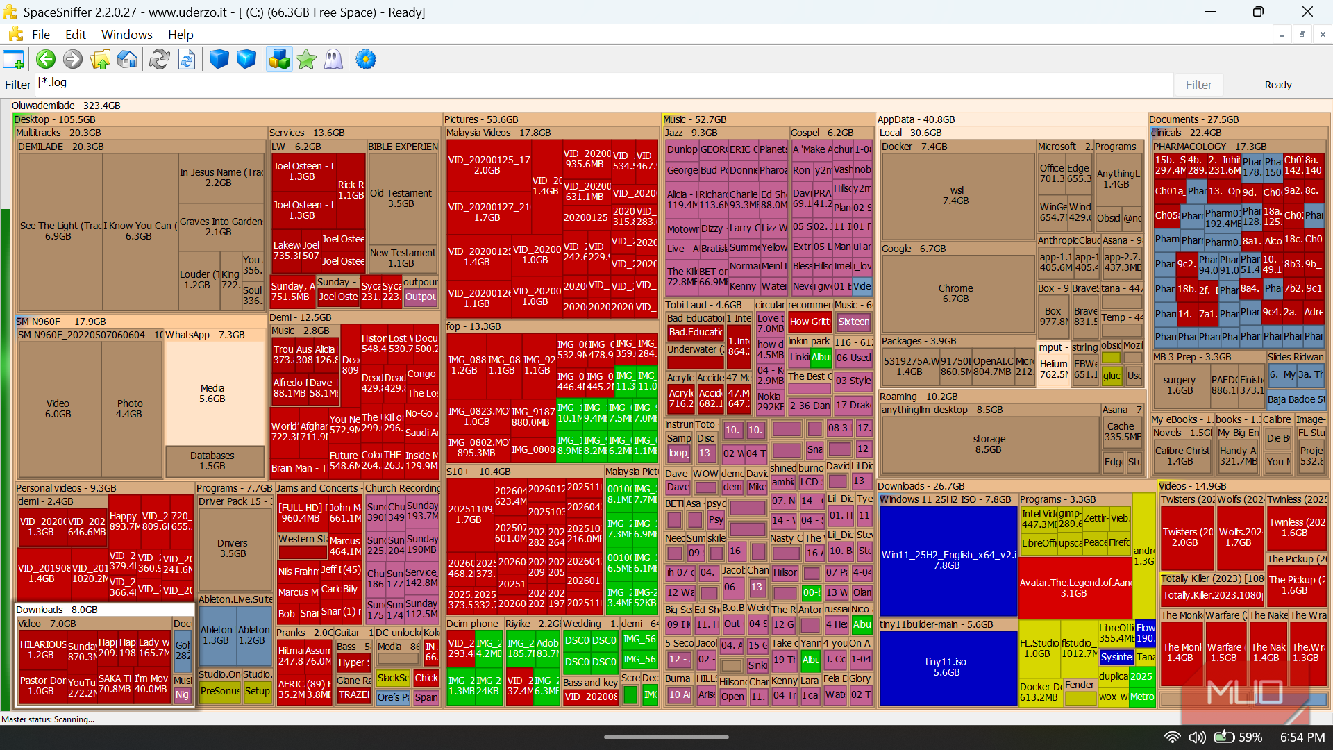 SpaceSniffer displaying a densely populated, color-coded disk usage map.