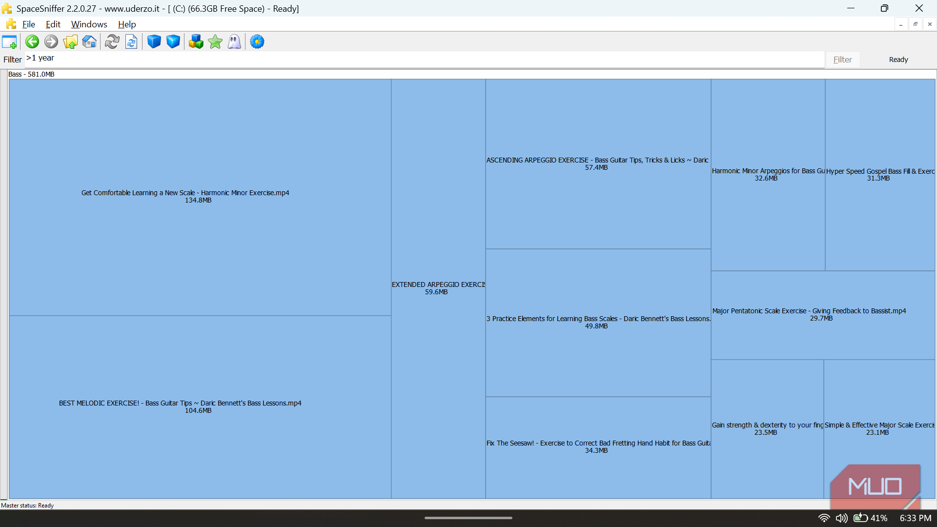 SpaceSniffer showing a disk map filtered to display only files older than 1 year within a specific folder.