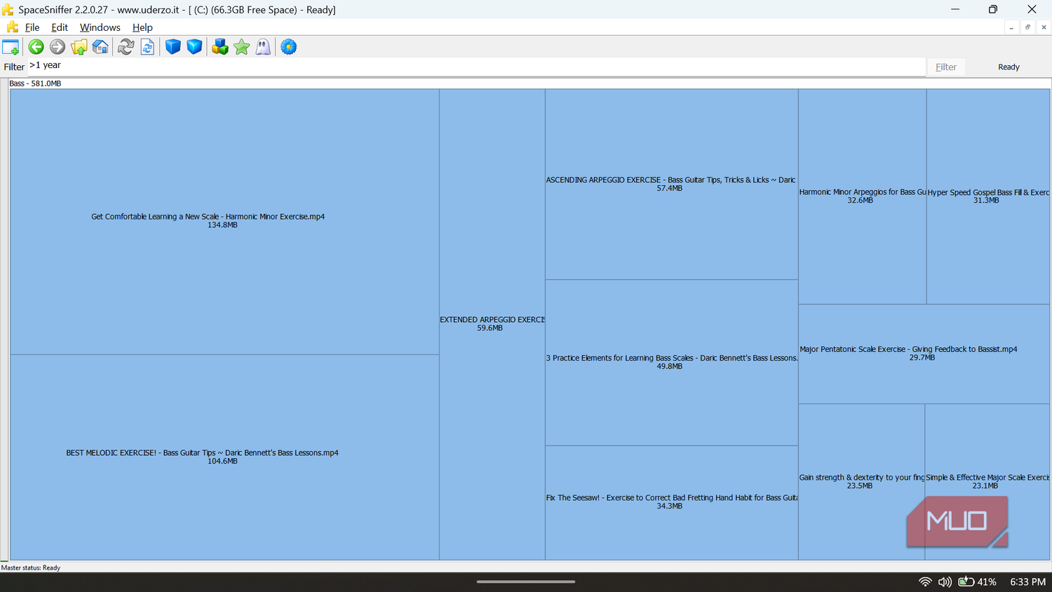 SpaceSniffer showing a disk map filtered to display only files older than 1 year within a specific folder.