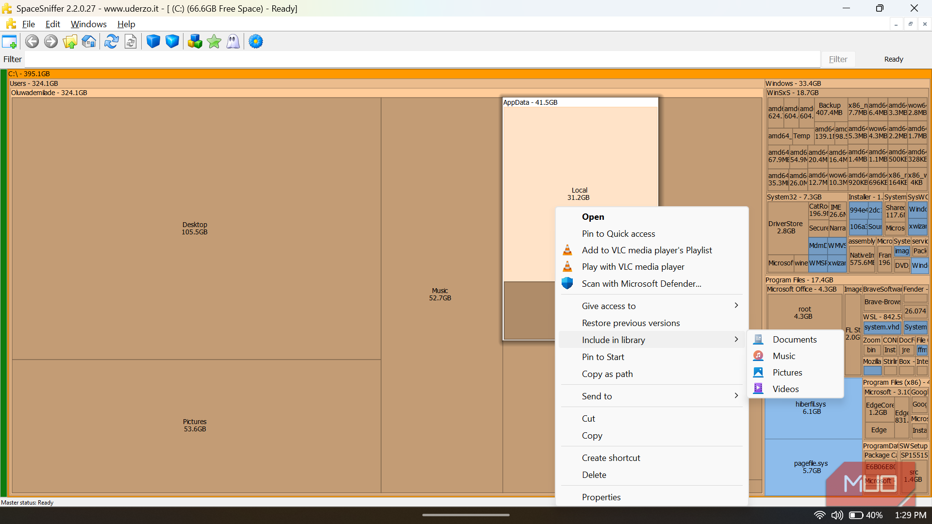 SpaceSniffer showing a standard Windows right-click context menu opened over a selected folder block.