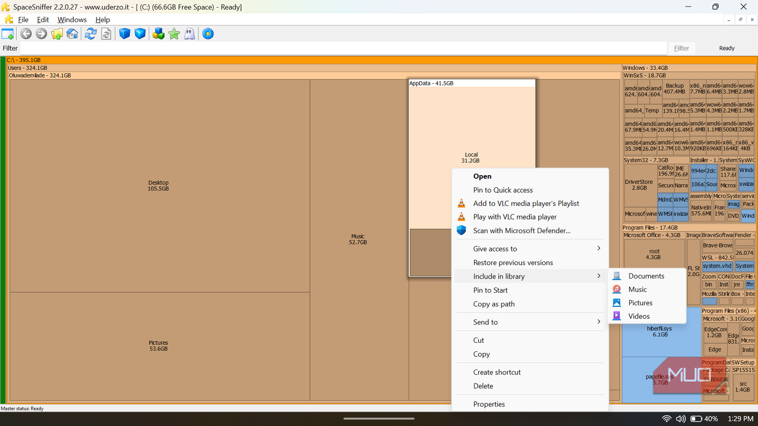 SpaceSniffer showing a standard Windows right-click context menu opened over a selected folder block.