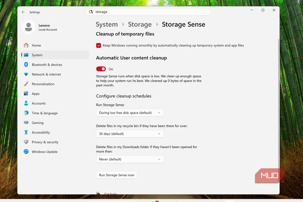 Storage Sense configuration lets you set automatic cleanup schedules