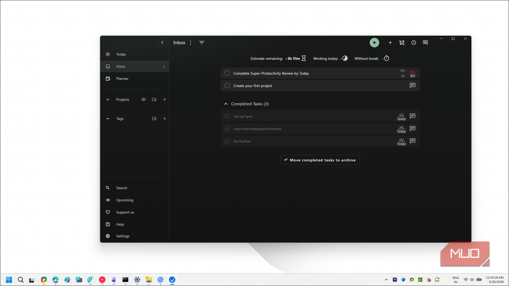 Super Productivity Inbox tab open in Windows 11