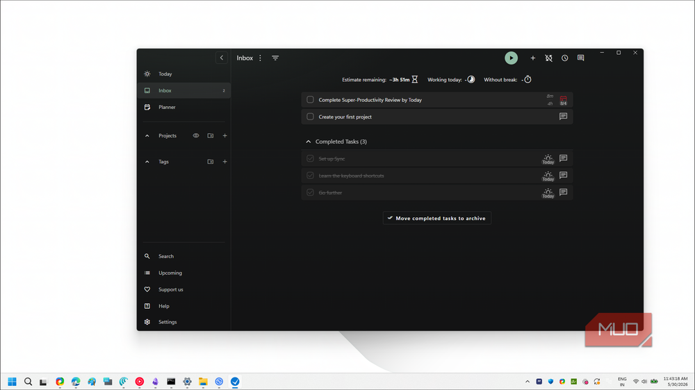 Super Productivity's inbox tab keeps tasks organized without cloud dependencies.