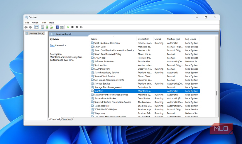 SysMain in Services app