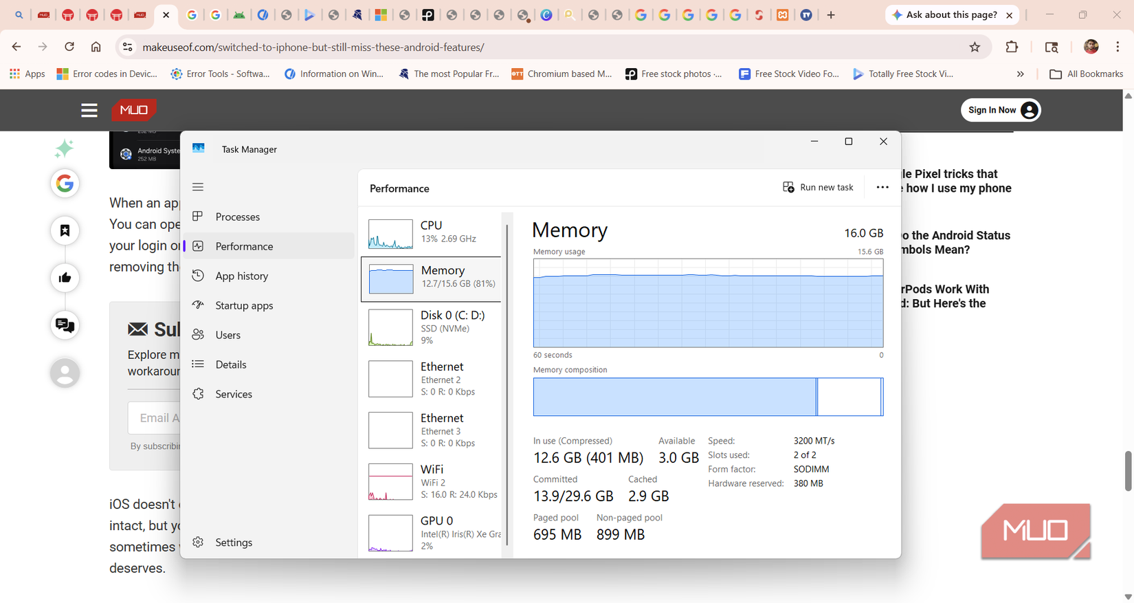 Task Manager showing heavy memory use and low CPU load