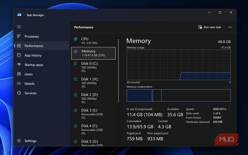    Task Manager showing RAM at 6000 MT:s