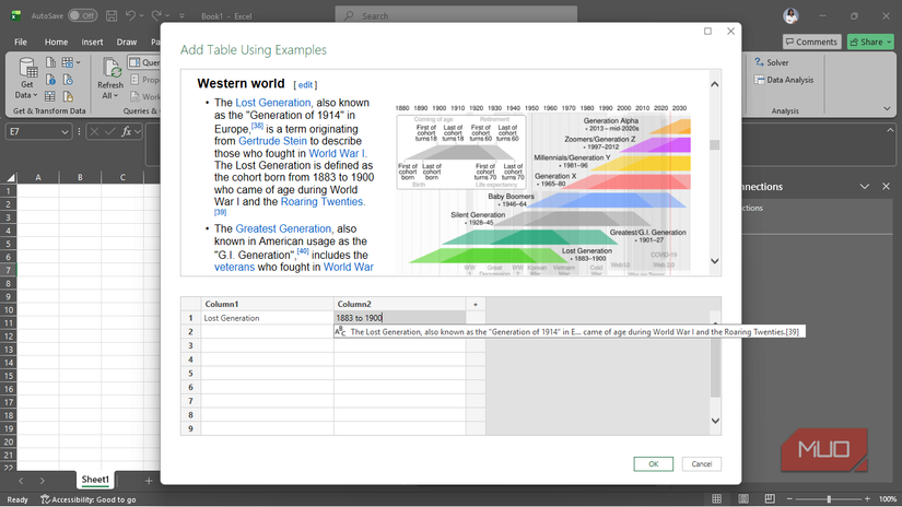 The Add Table From Example dialog box in Microsoft Excel.
