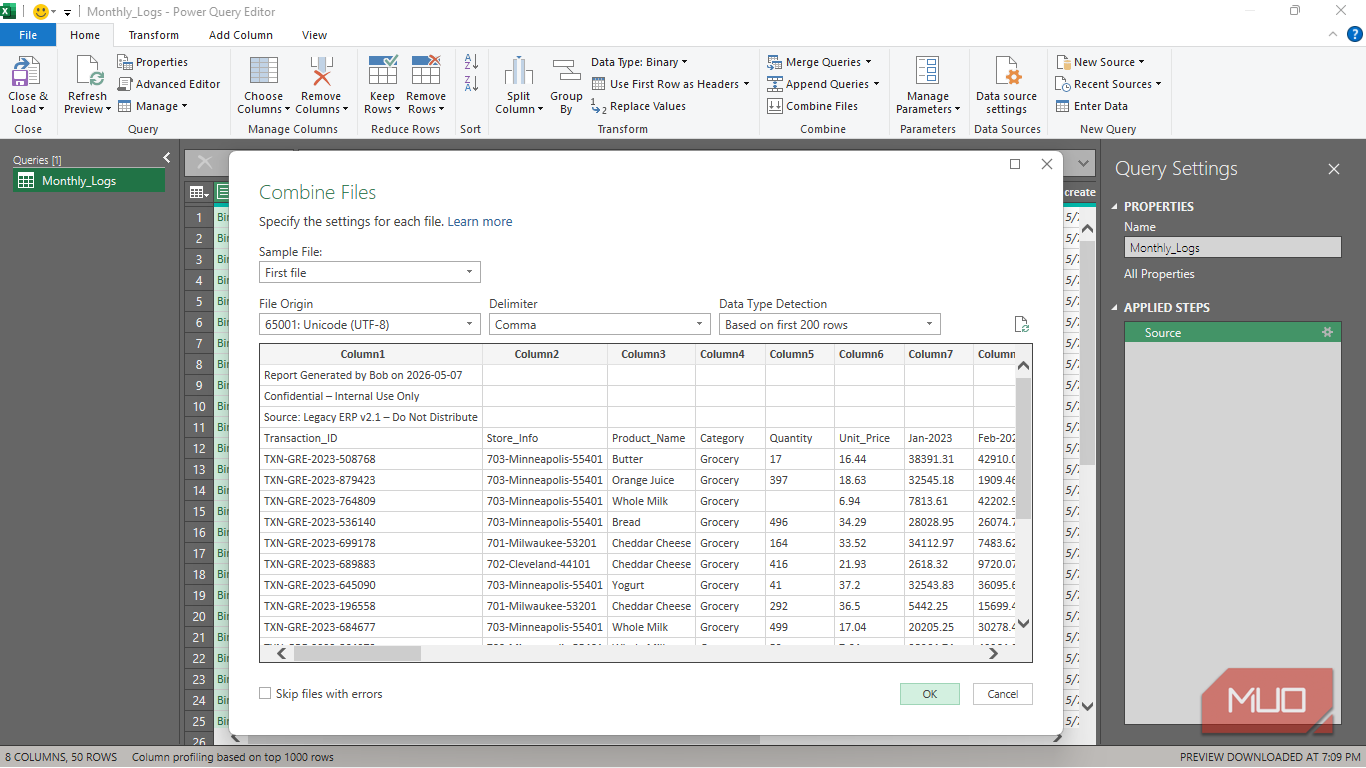 The Combine Files dialog box in Power Query in Excel.