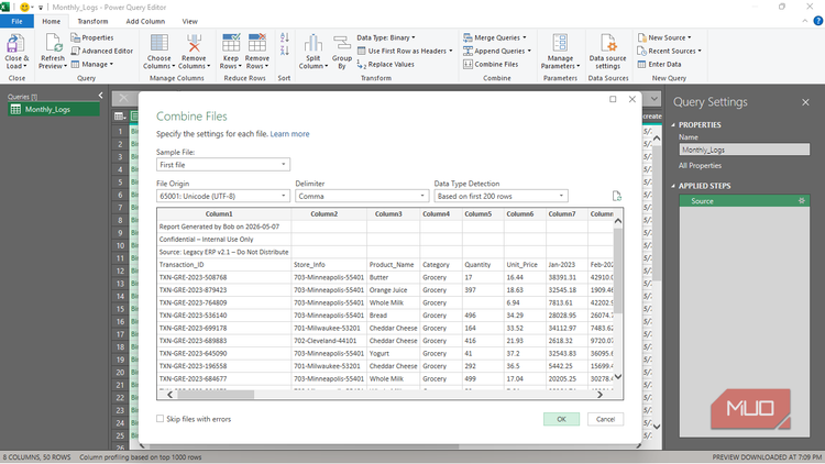 The Combine Files dialog box in Power Query in Excel.