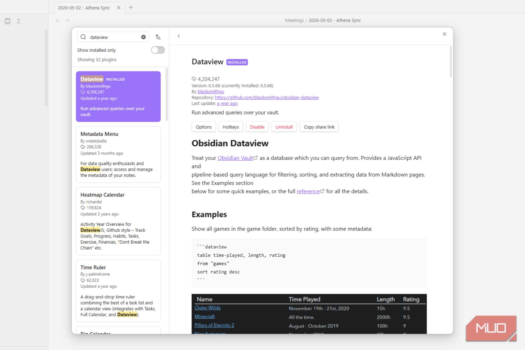 The dataview plugin in Obsidian