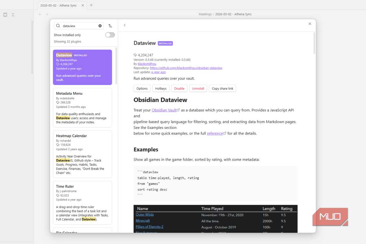 The dataview plugin in Obsidian