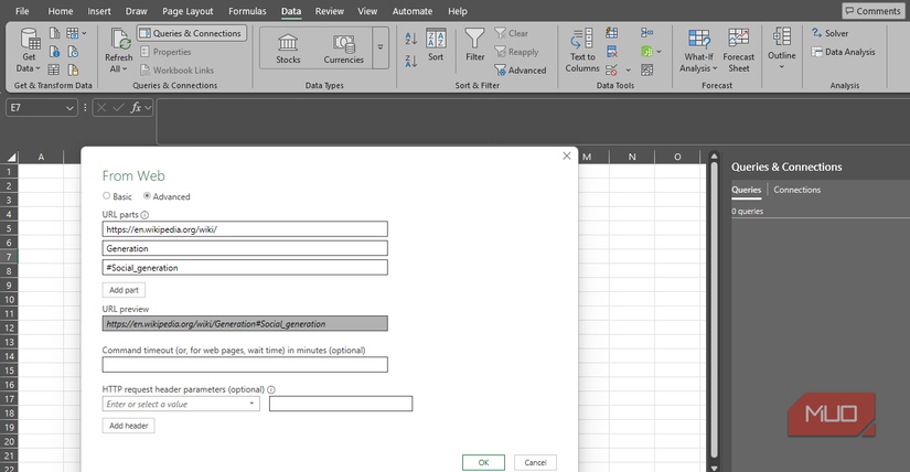 Microsoft Excel の[Web から詳細設定]ダイアログ ボックス。