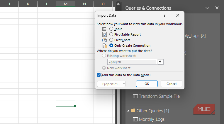 The Import Data dialog box for Power Query in Excel.