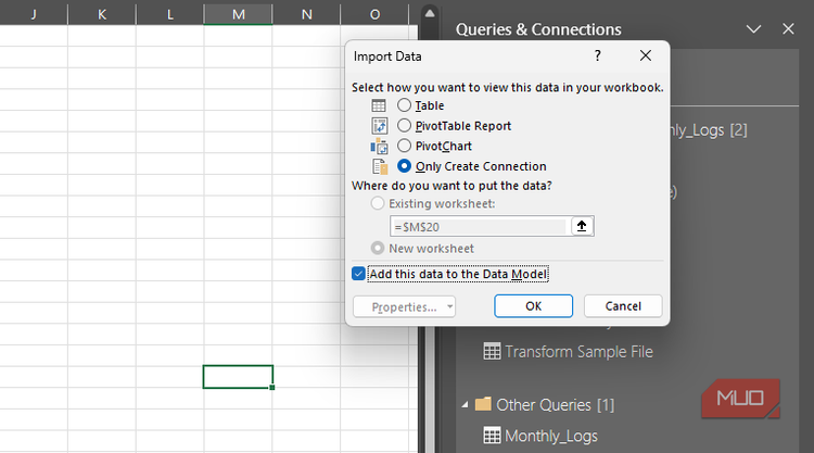 The Import Data dialog box for Power Query in Excel.