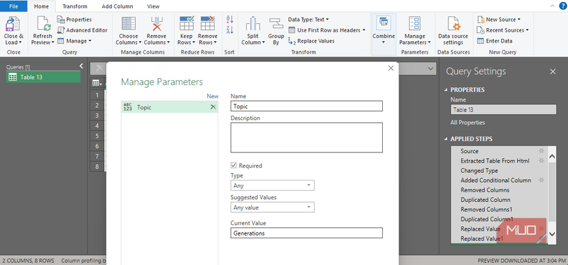 Microsoft Excel の Power Query の[パラメーターの管理]ダイアログ ボックス。