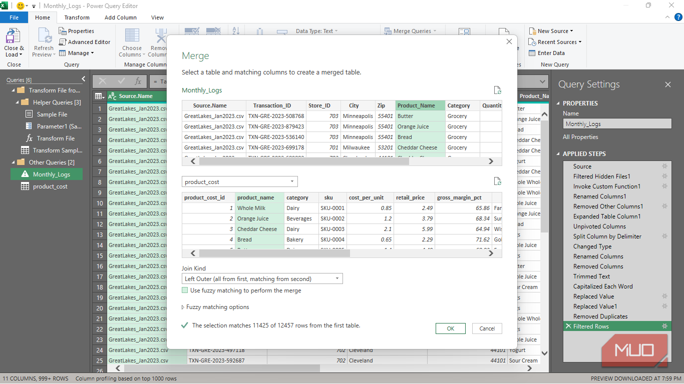 The merge queries dialog box filled in with the details to merge Monthly_Log and the Product_cost datasets in Power Query in Excel.