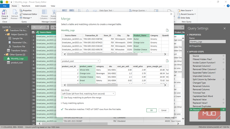 The merge queries dialog box filled in with the details to merge Monthly_Log and the Product_cost datasets in Power Query in Excel.