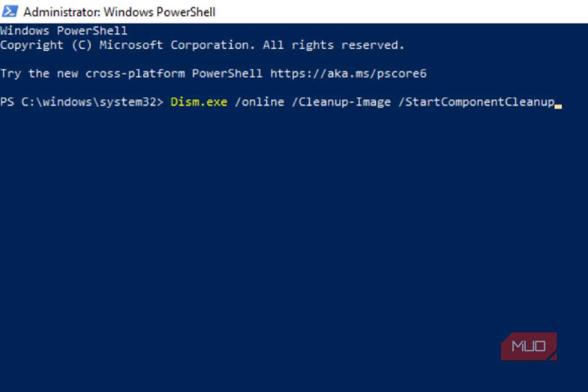 Команда PowerShell для очистки компонентов Ввод команды PowerShell для обслуживания хранилища компонентов