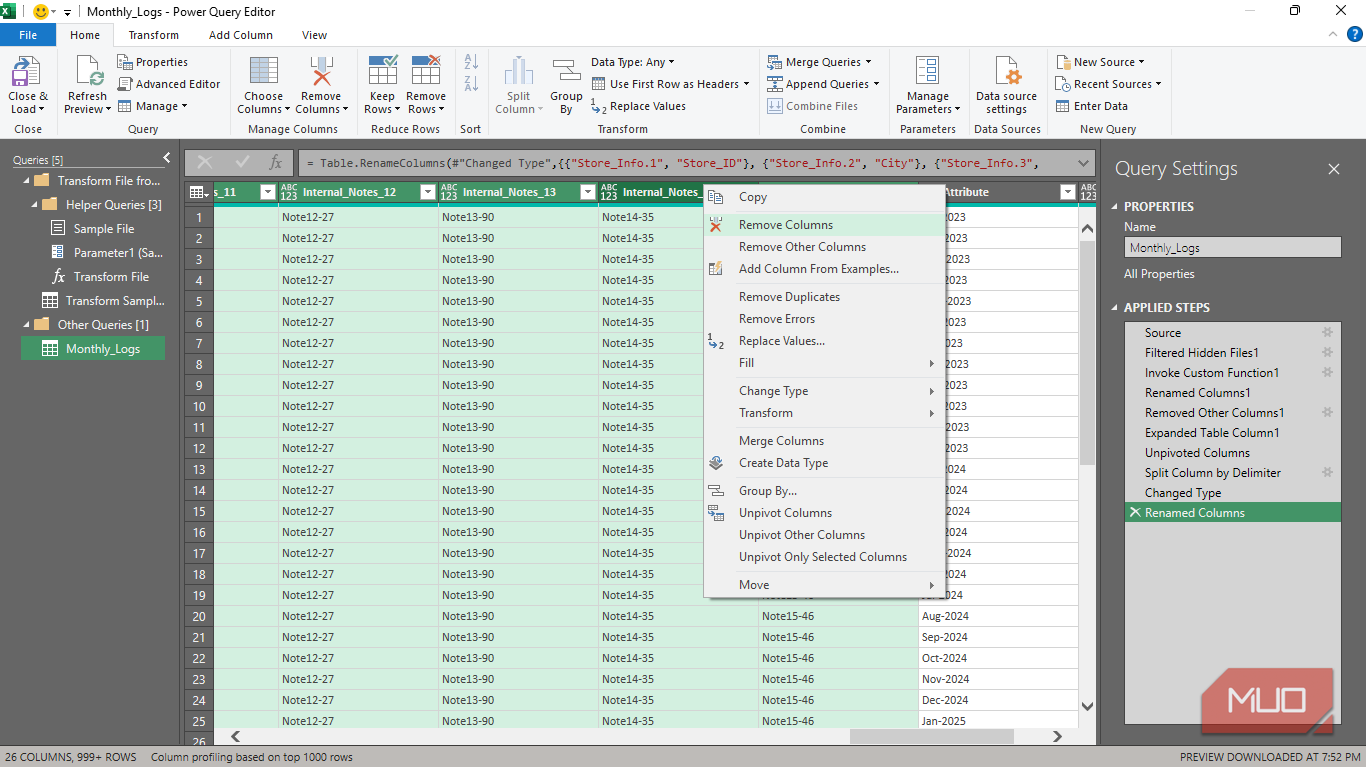 The Remove Columns option in Power Query in Excel.