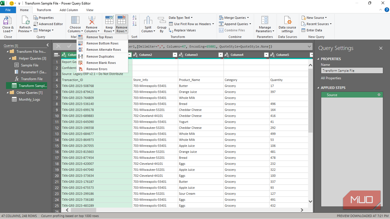 The Remove row option in Power Query in Excel.
