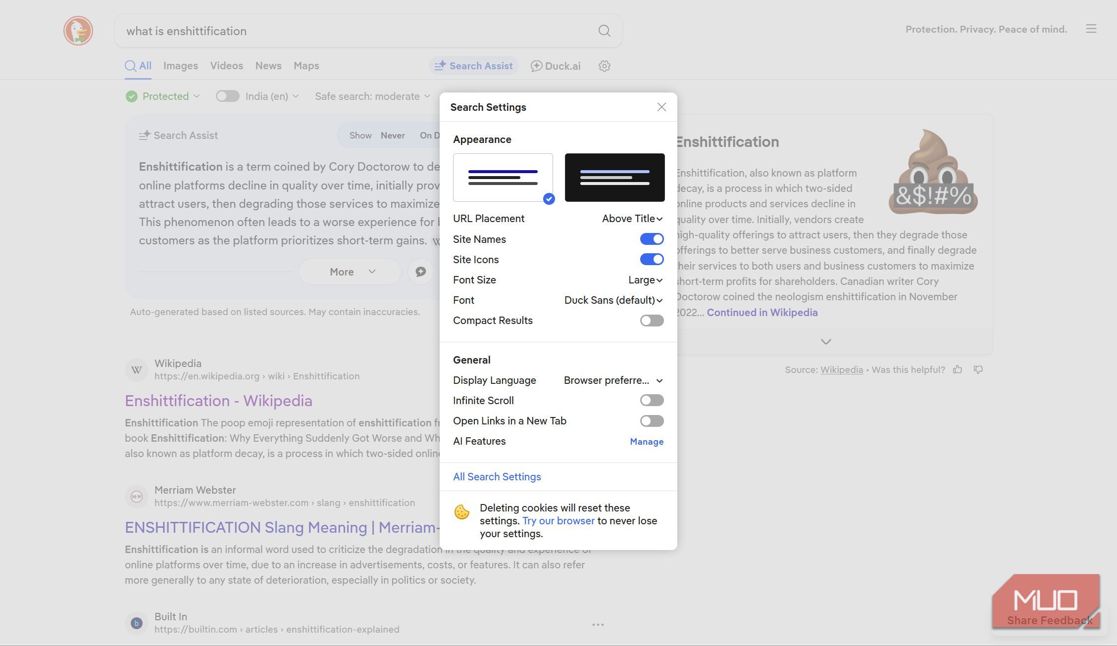 The settings page in the search results of DuckDuckGo