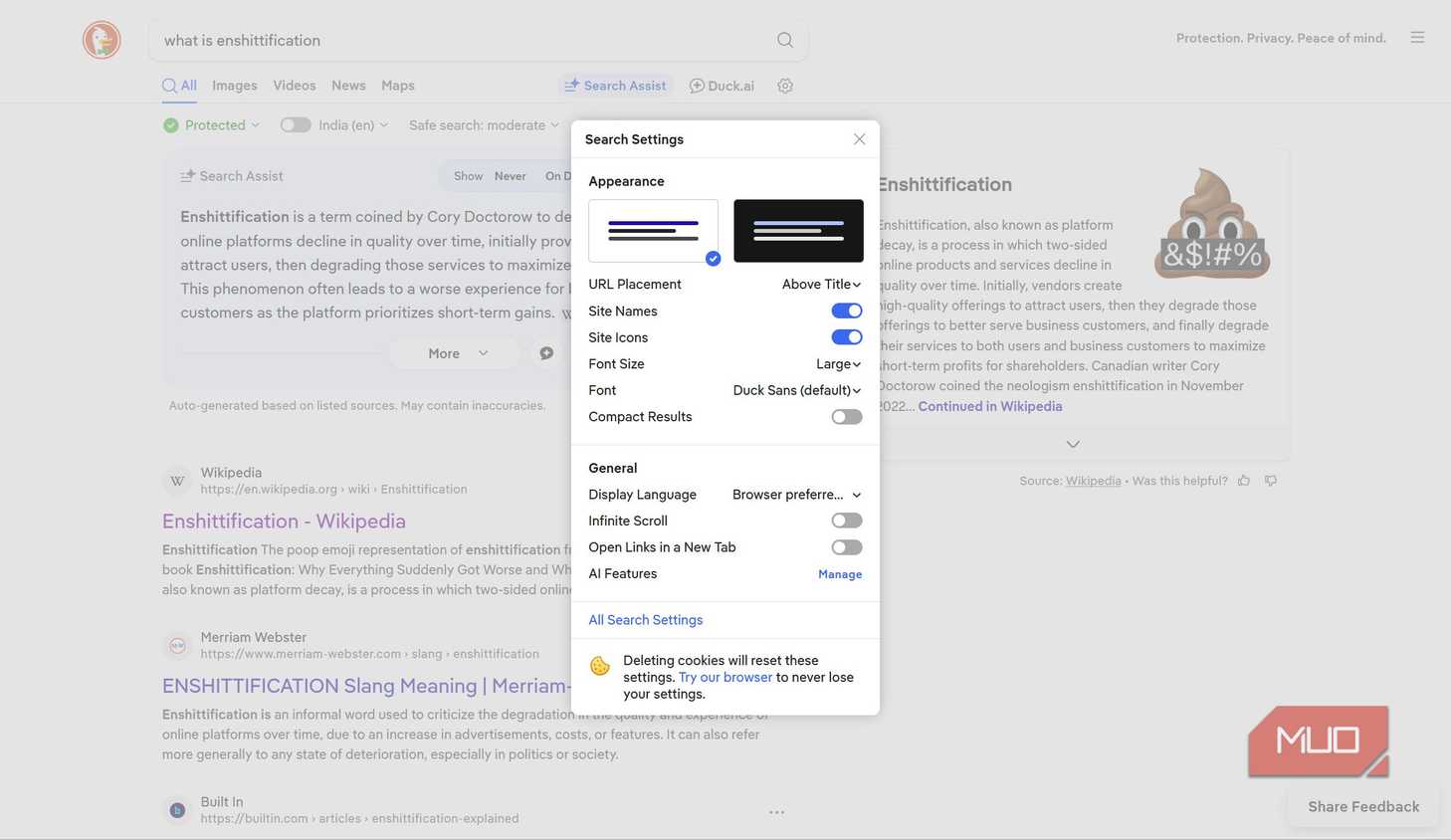 The settings page in the search results of DuckDuckGo