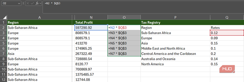 The show formulas function enabled in Excel to show formulas across 1 column and 6 rows on a sales spreadsheet.