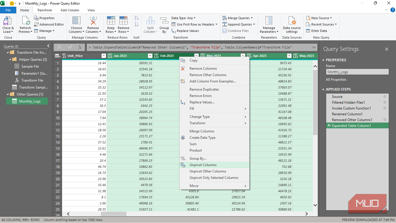 The Unpivot Columns option for a number of highlighted columns in the Power Query editor in Excel.