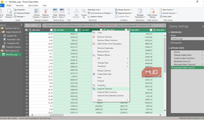 The Unpivot Columns option for a number of highlighted columns in the Power Query editor in Excel.