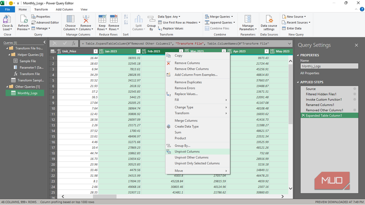The Unpivot Columns option for a number of highlighted columns in the Power Query editor in Excel.