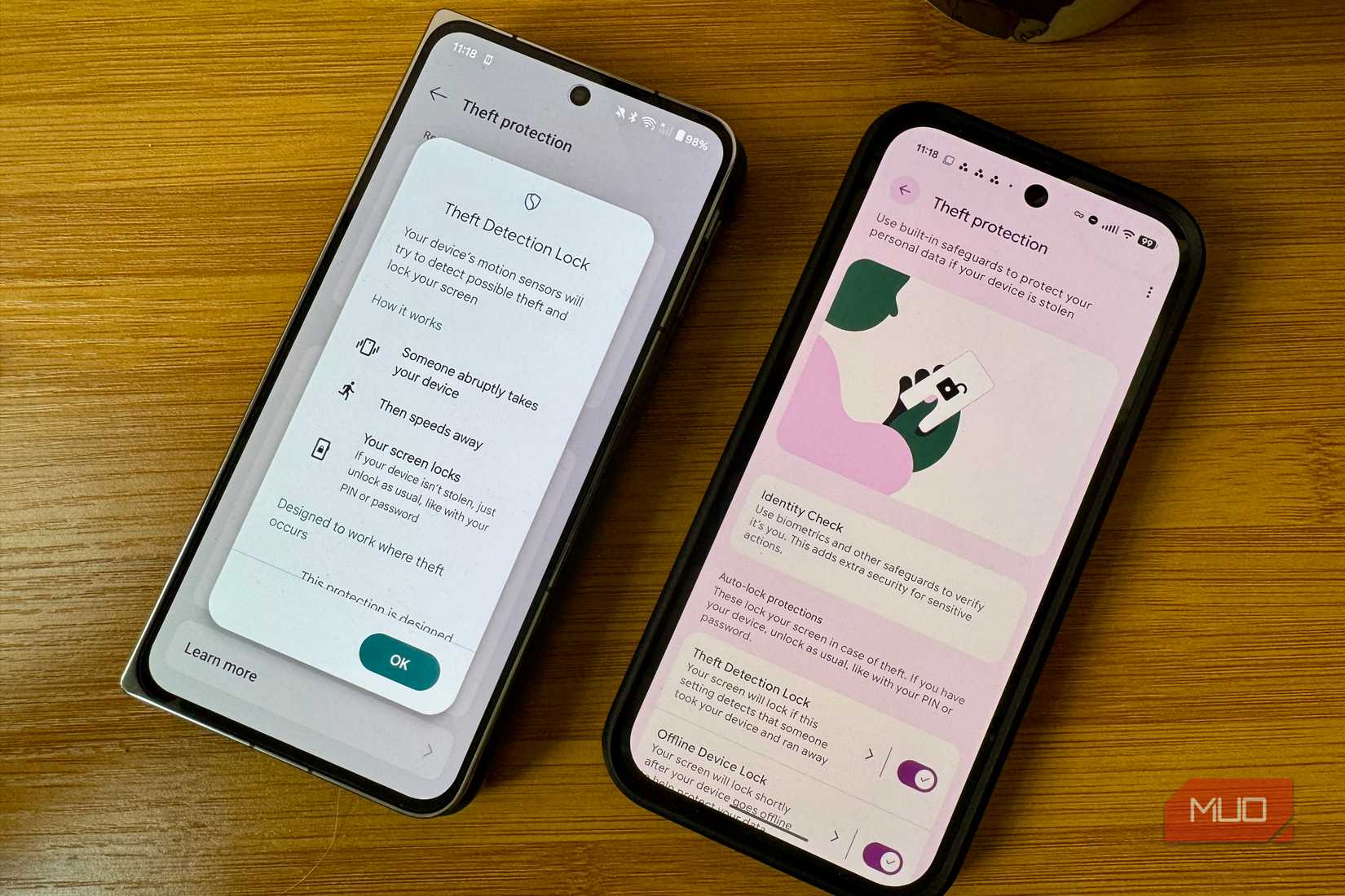 Theft protection screens on two Android phones