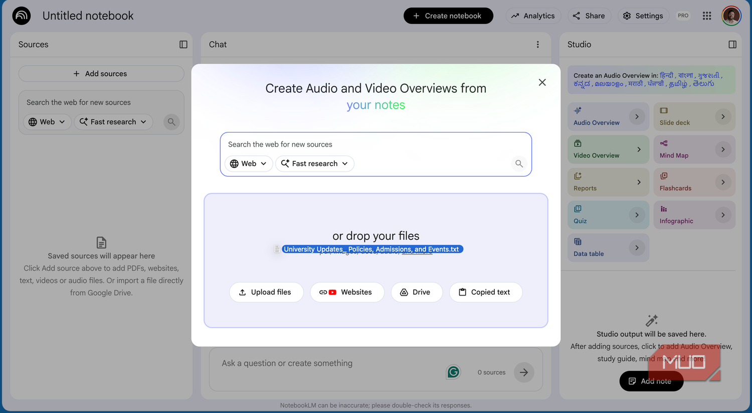 adding the transcript to NotebookLM