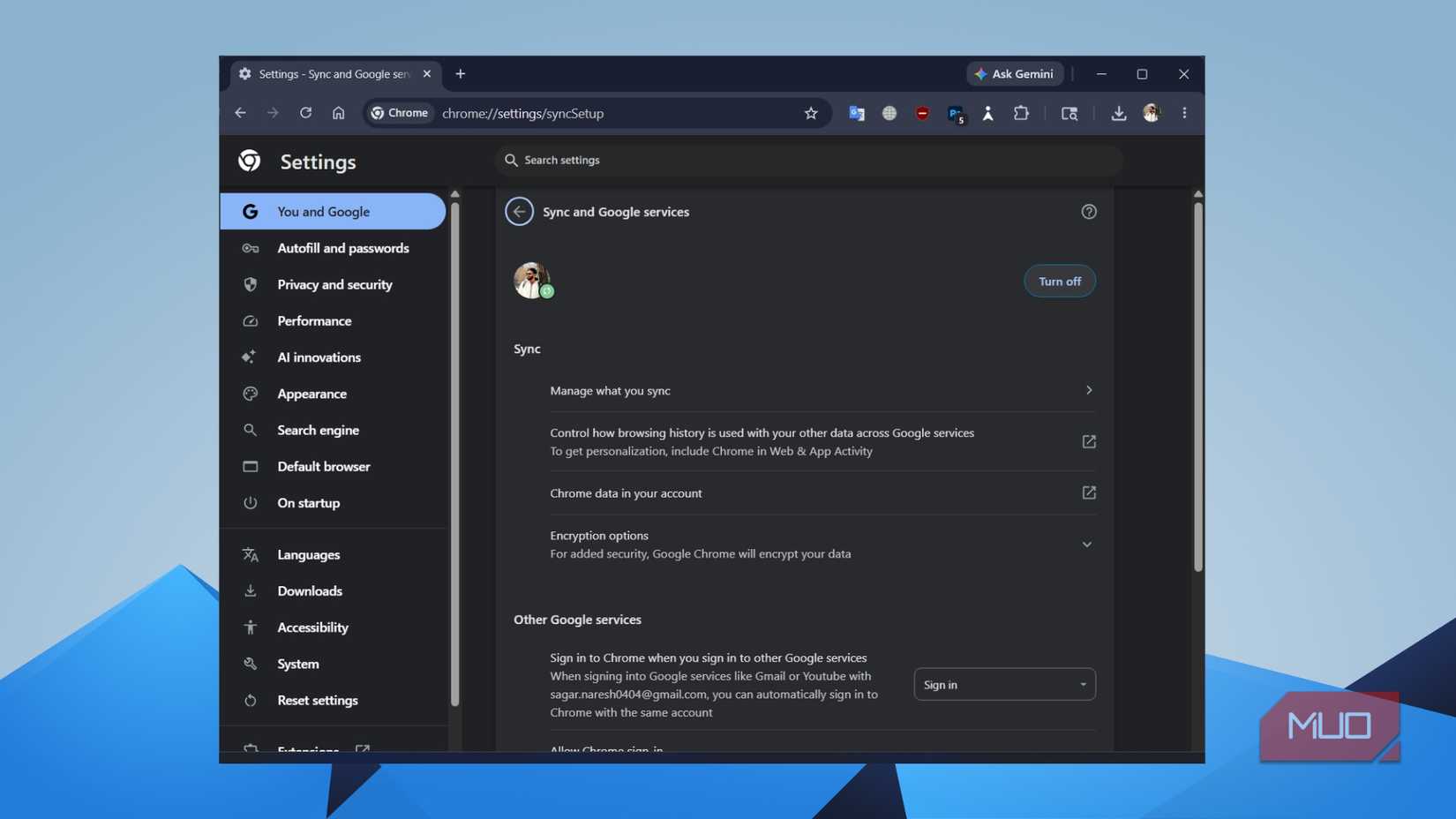 Turn off browser sync option for Google Chrome
