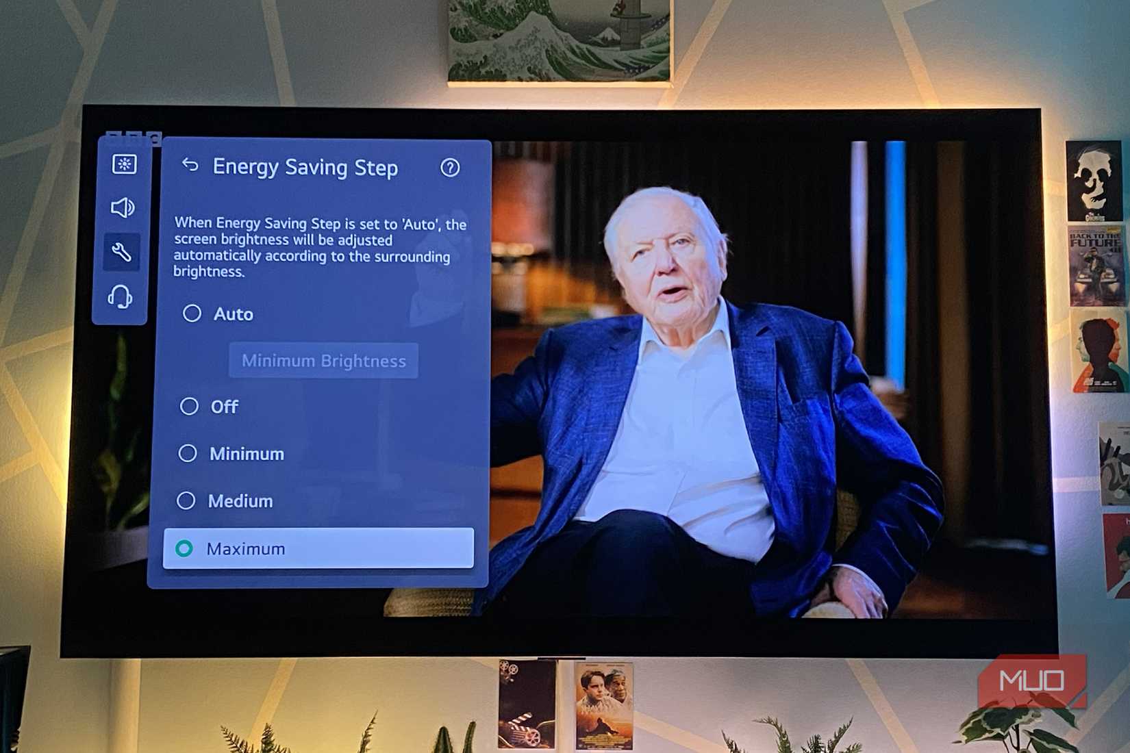 Energy Saving settings on a David Attenborough documentary on an OLED TV