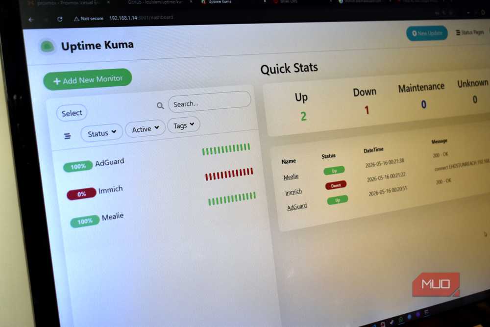 Uptime Kuma dashboard for monitoring self-hosted services
