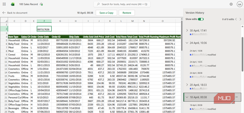 Version History open for an Excel file on Excel for the Web.