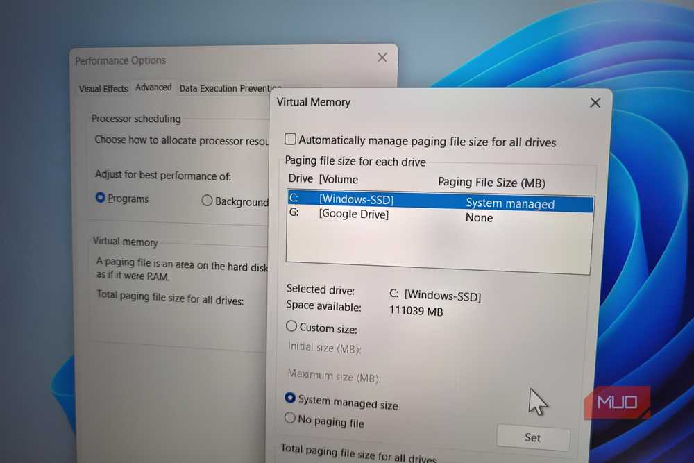 Virtual memory settings in Windows 11