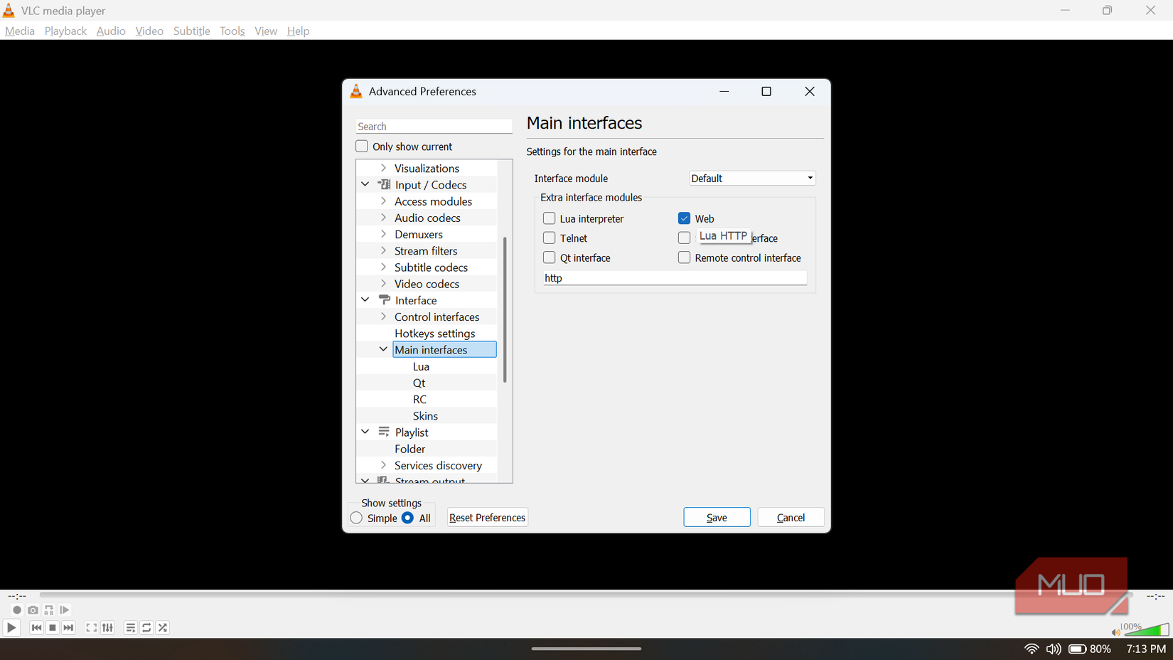 VLC Advanced Preferences showing the Main interfaces menu with the Web module checkbox enabled.